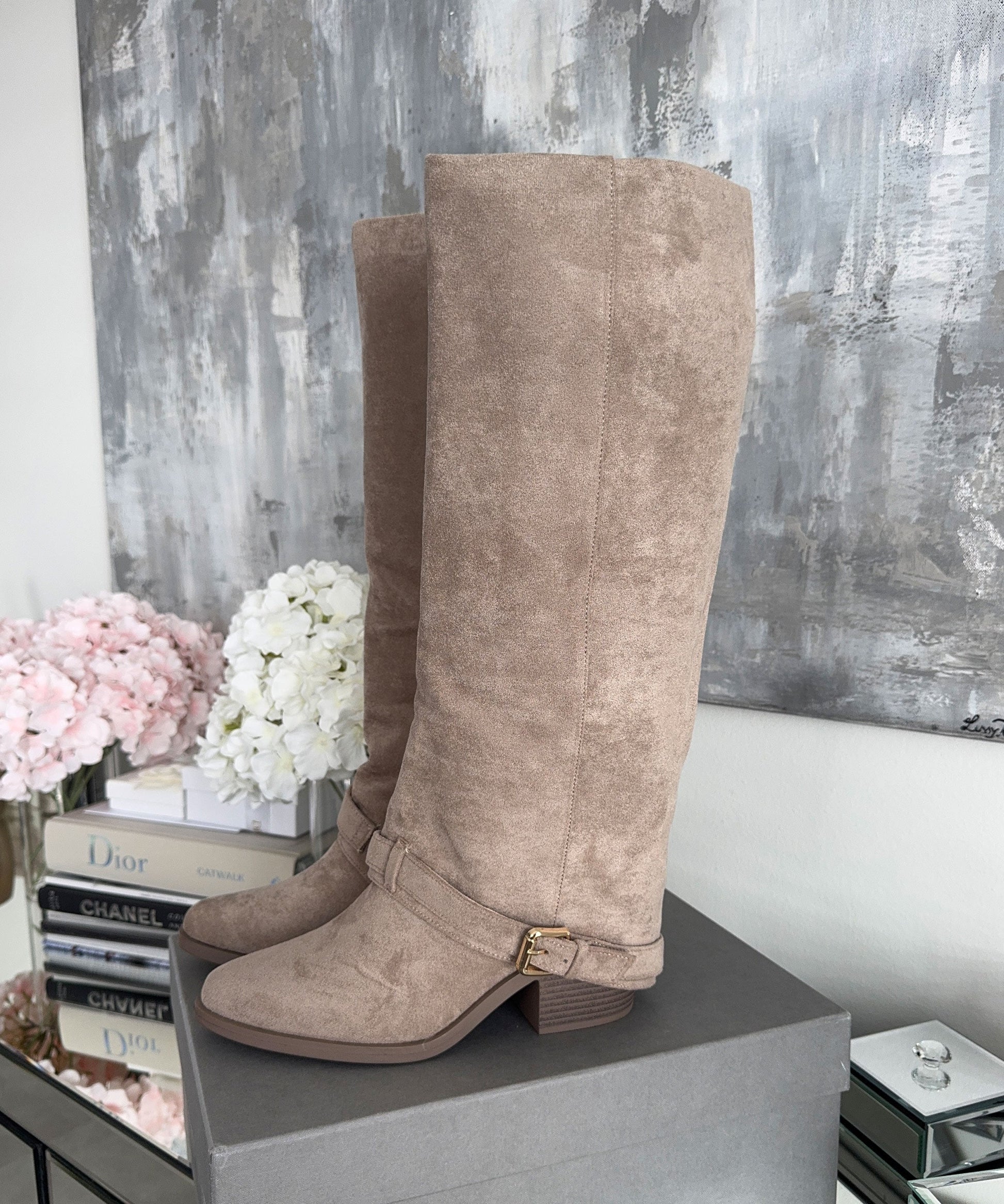 Stylish Beige Knee High Boots with Comfortable Heel Height for Everyday Wear 2