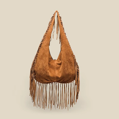 Stylish Women's Suede Handbag with Croissant Shape and Fringes – Retro Boho Tote Bag 4