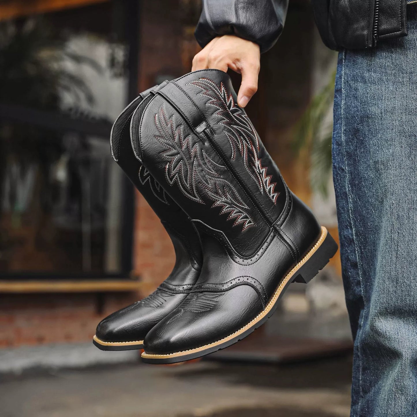 Rugged Men's Embroidered Western Boots Square Toe - Fesara