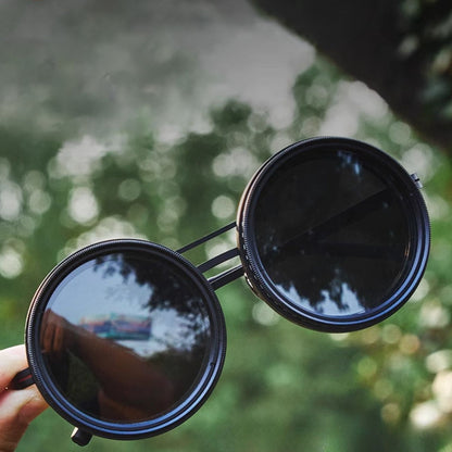 Versatile Round Sunglasses - Adjustable Shade - Slim Metal Frame