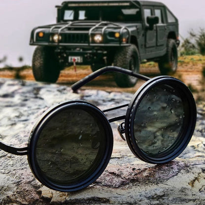 Versatile Round Sunglasses - Adjustable Shade - Slim Metal Frame