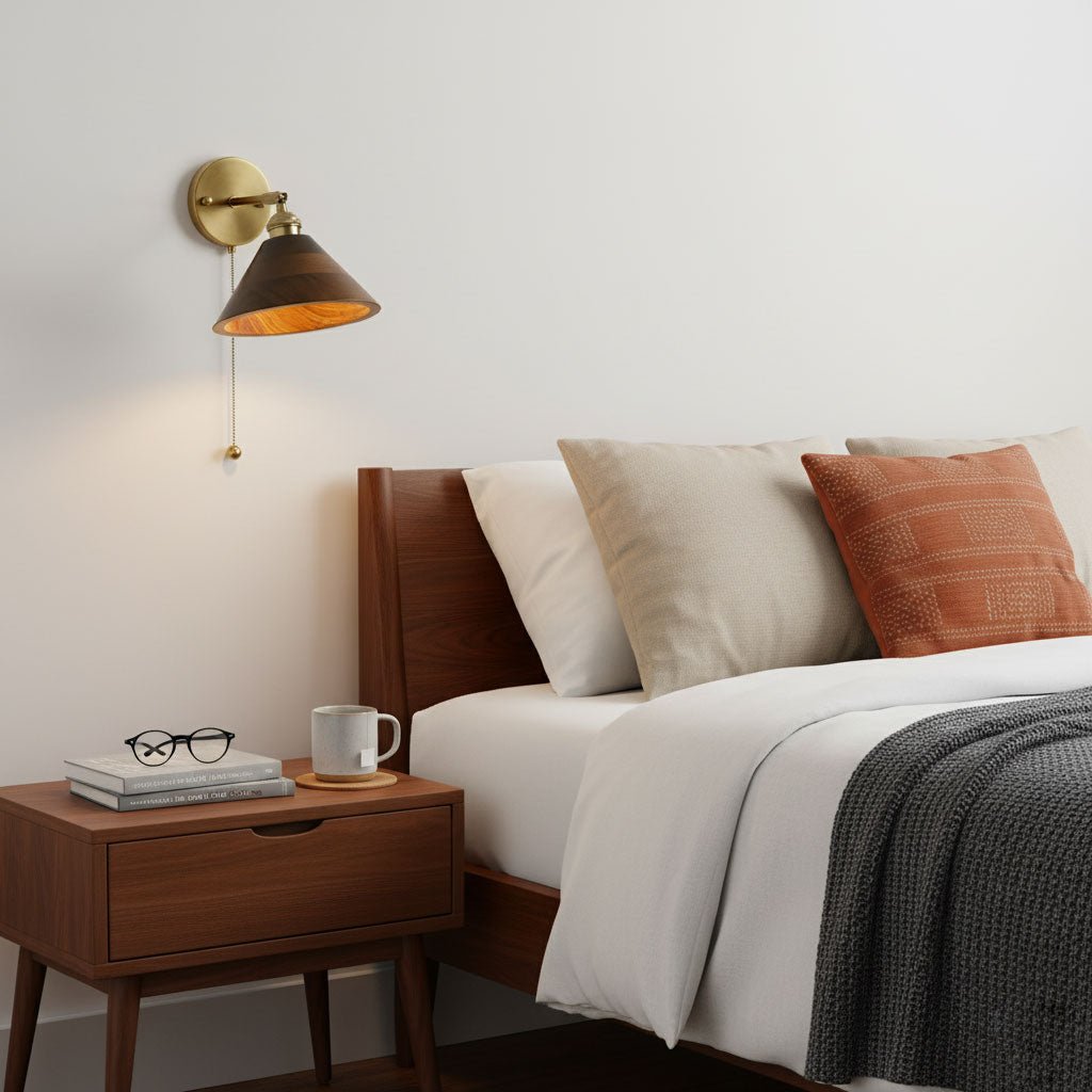 Classic Round Wood Brass Wall Light Fixture