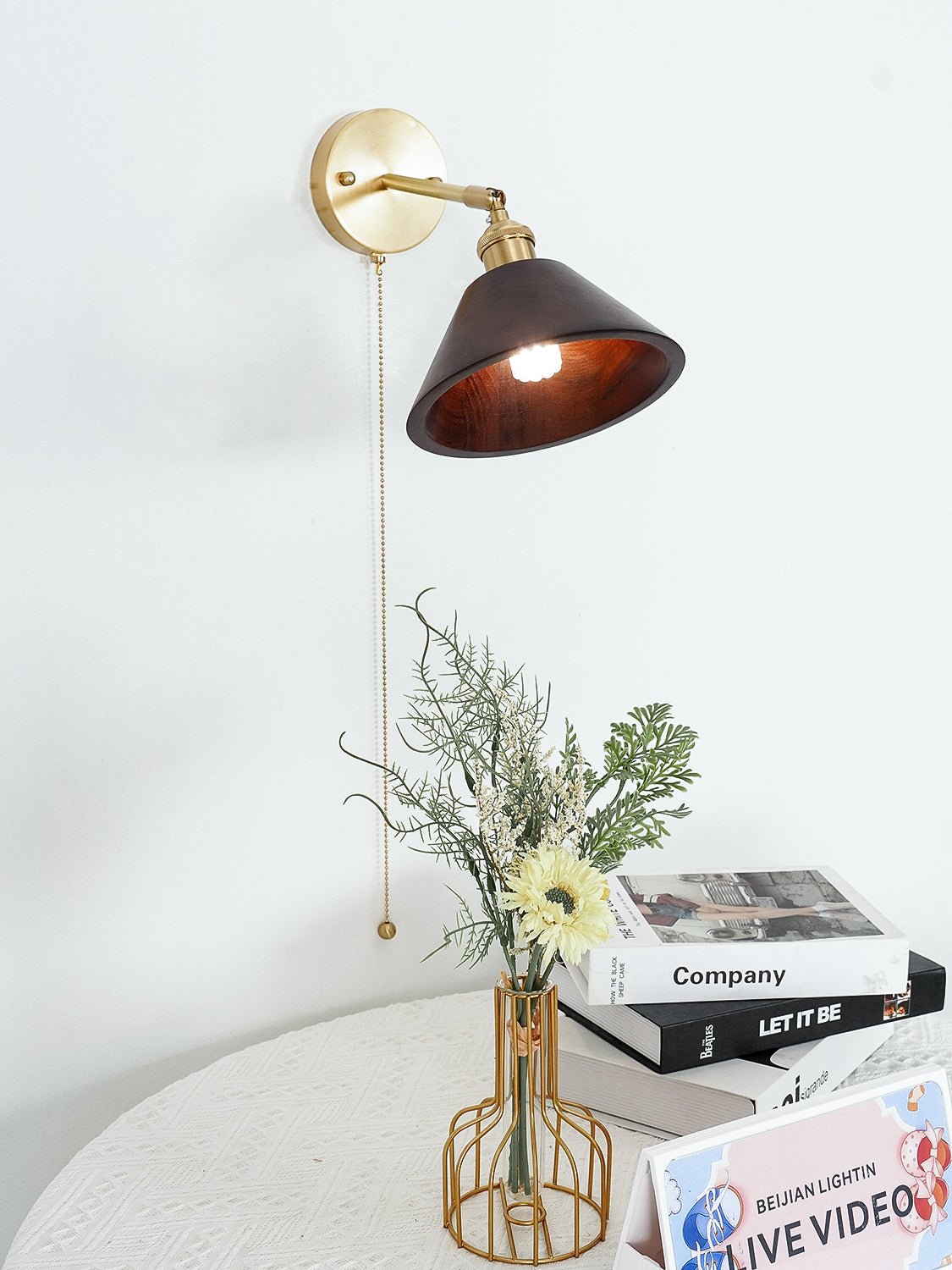 Classic Round Wood Brass Wall Light Fixture