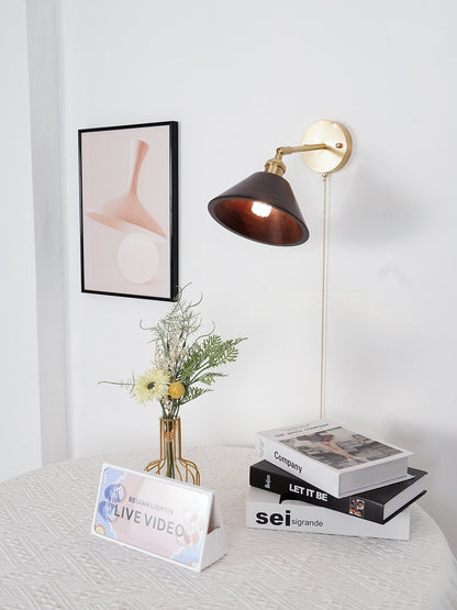 Classic Round Wood Brass Wall Light Fixture
