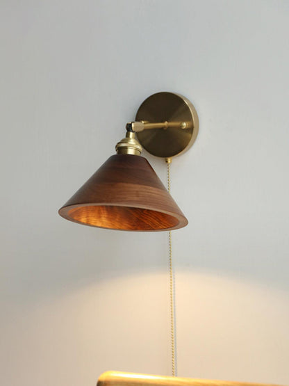 Classic Round Wood Brass Wall Light Fixture