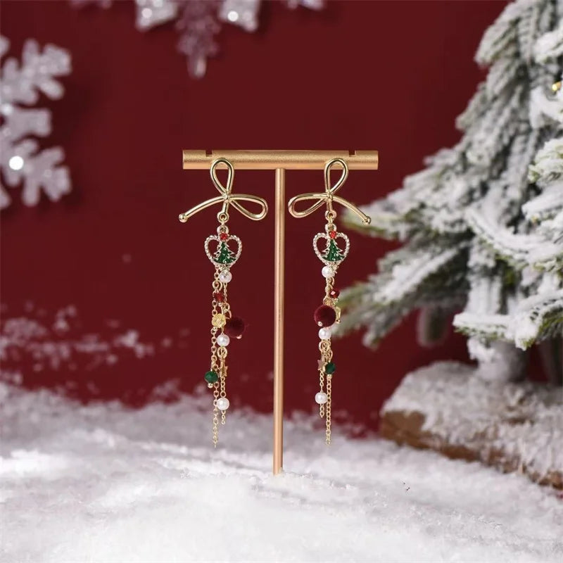 Fesara | Lunarelle Christmas Tree Earrings - Green & Gold, Lightweight and Festive with Elegant Bow - Fesara
