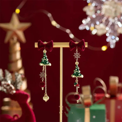 Fesara | Lunarelle Christmas Tree Earrings - Green & Gold, Lightweight and Festive with Elegant Bow