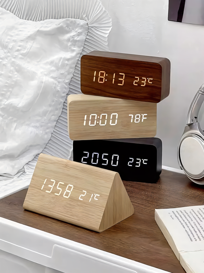 Smart Wooden LED Alarm Clock with Temperature Display