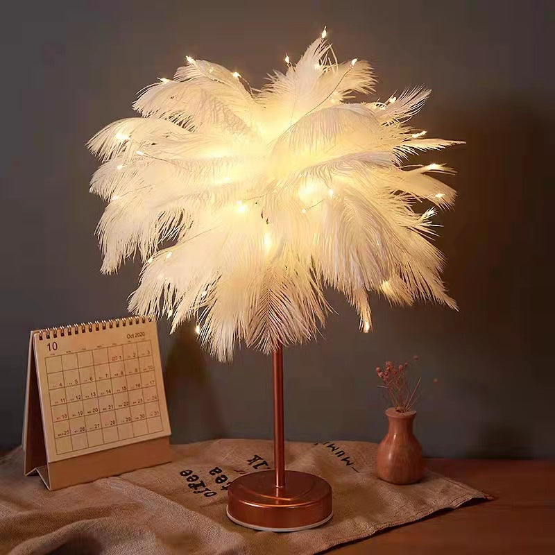 Unique Feather Table Lamp with Rose Gold Base