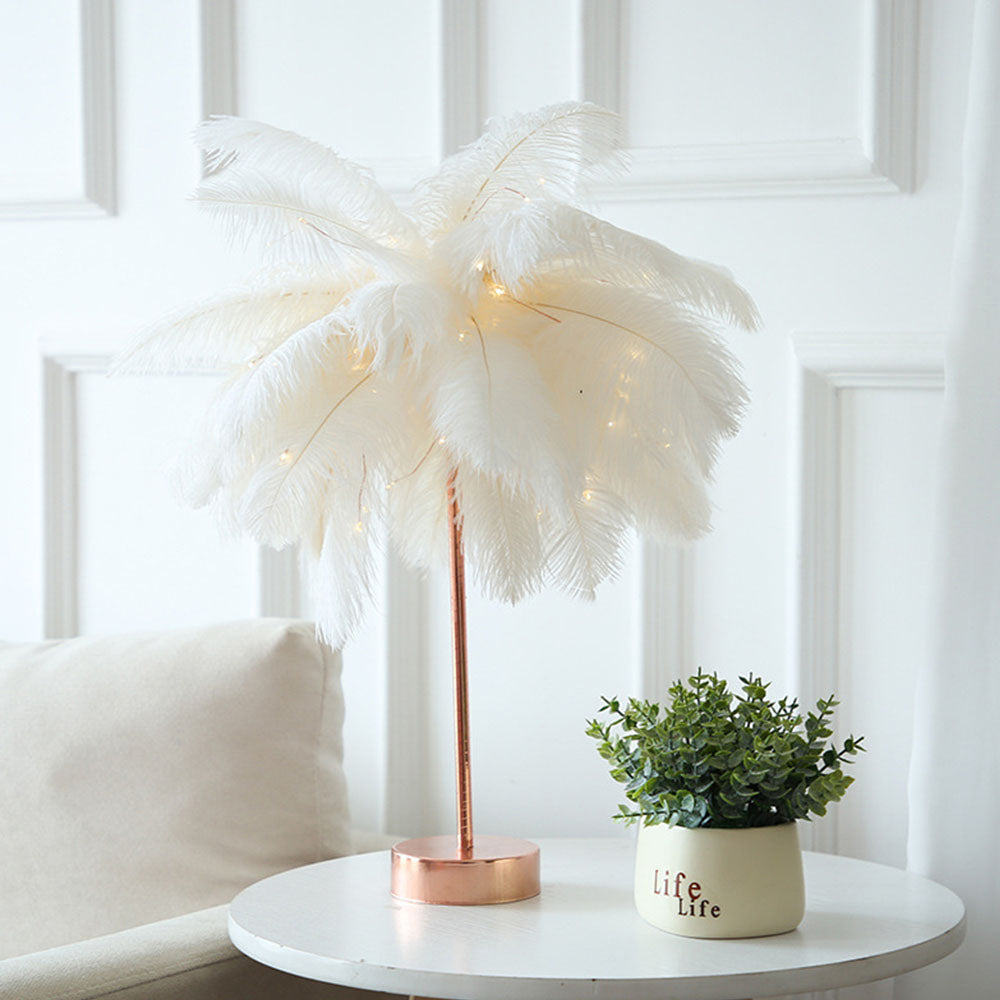 Unique Feather Table Lamp with Rose Gold Base