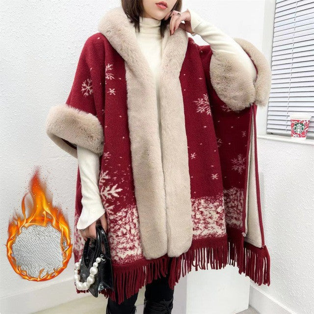 Cozy Women's Fleece Lined Long Hooded Poncho Blanket
