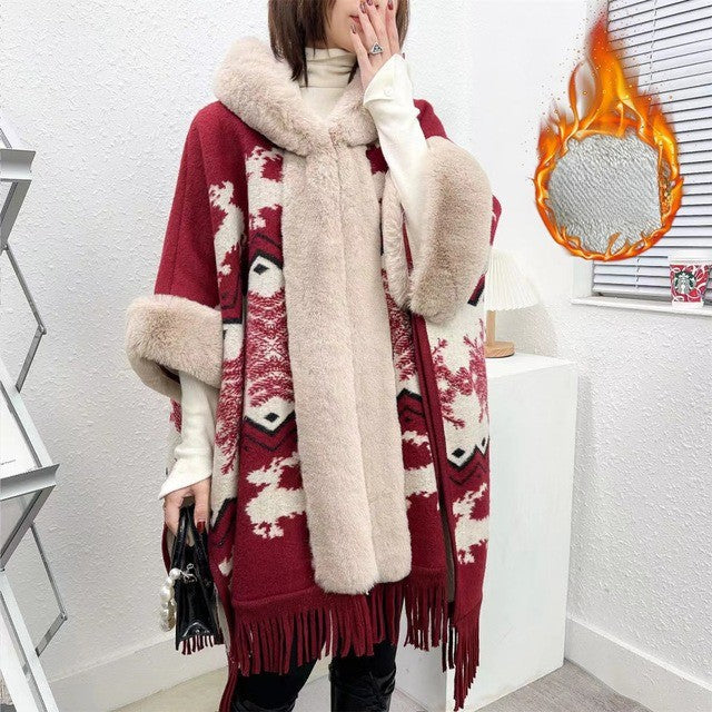 Cozy Women's Fleece Lined Long Hooded Poncho Blanket