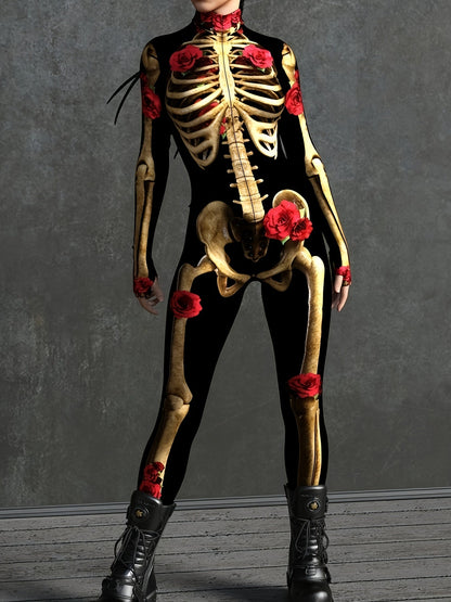 Women Skeleton Print Halloween Costume Jumpsuit | Long Sleeve Stretchy 3
