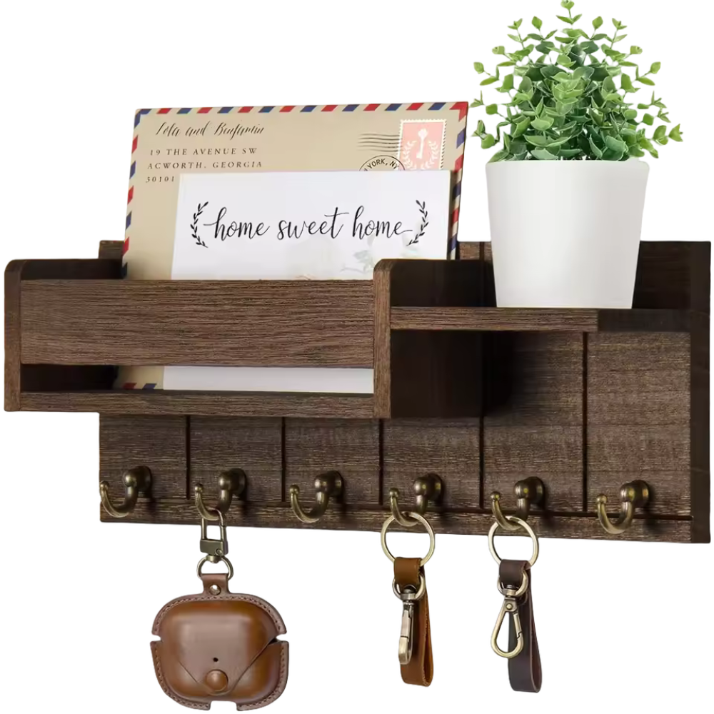 Rustic Wooden Wall Storage with Hooks and Shelving - Fesara