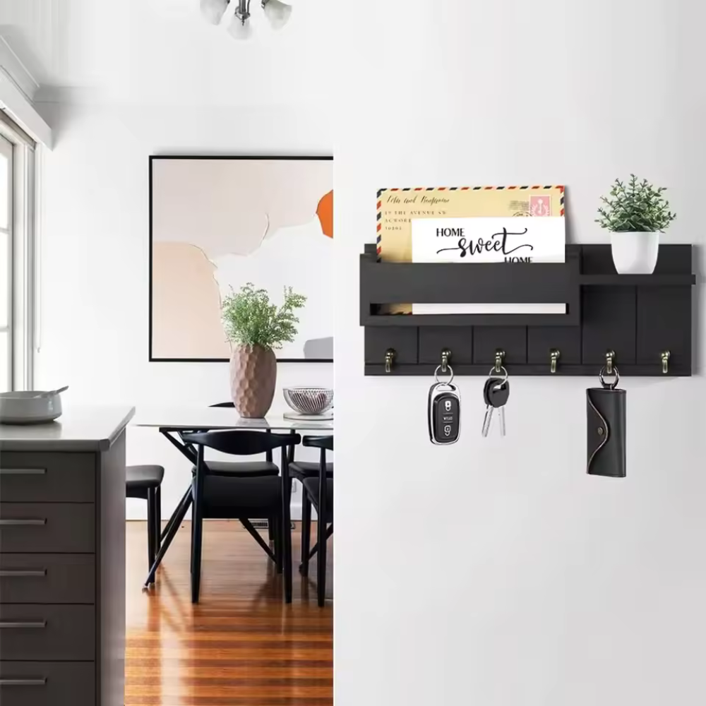 WoodCraft | Stylish Solid Wood Wall Organizer with Hooks and Shelves 2