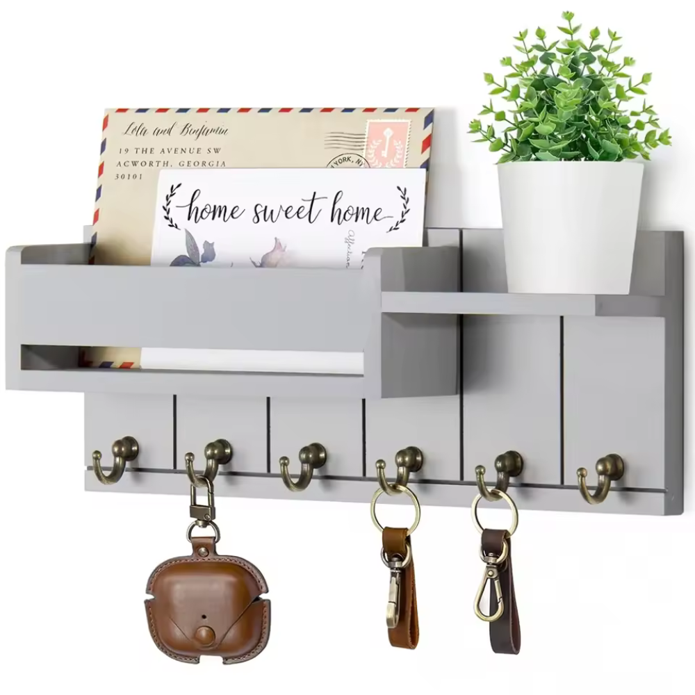 WoodCraft | Stylish Solid Wood Wall Organizer with Hooks and Shelves 4