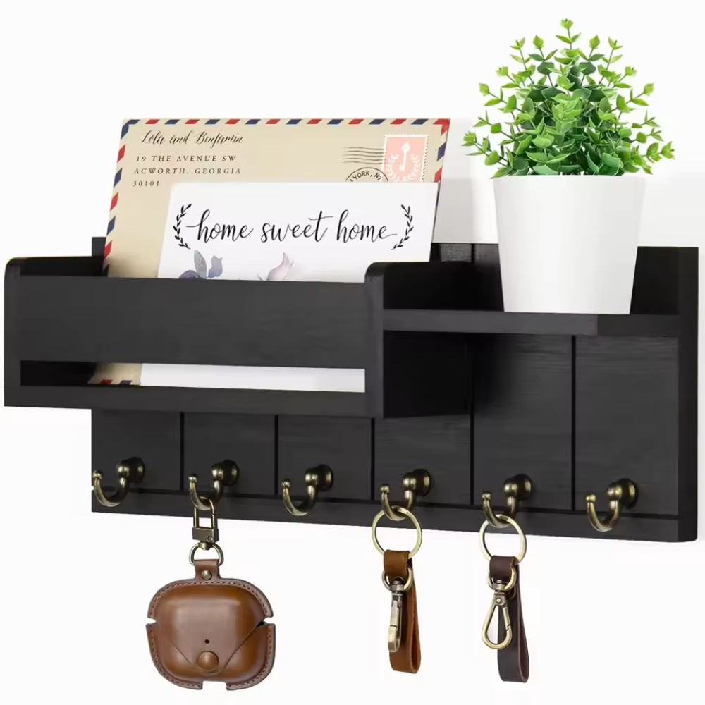 WoodCraft | Stylish Solid Wood Wall Organizer with Hooks and Shelves 5