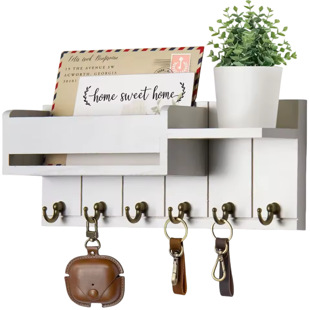 WoodCraft | Stylish Solid Wood Wall Organizer with Hooks and Shelves 6