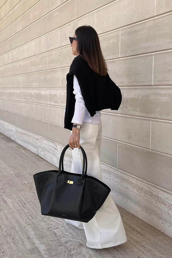 Large Leather Shoulder Handbag with Gold Buckle