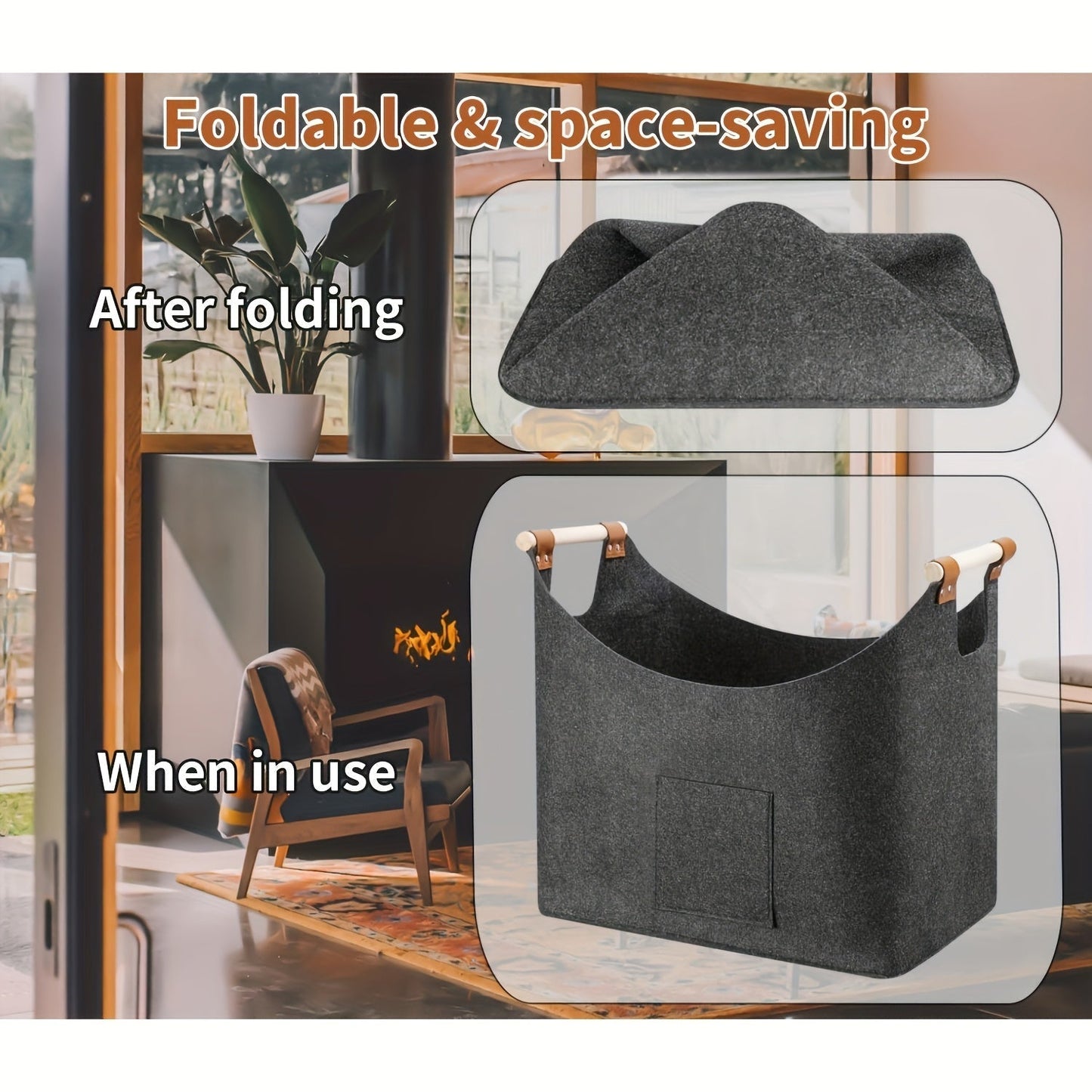 Collapsible Felt Storage Box with Wood Handles, Dark Grey