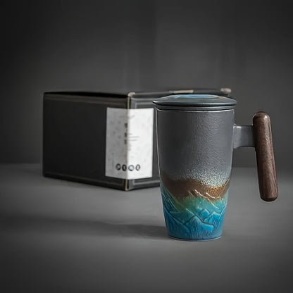 Vintage Style Ceramic Tea Mug with Infuser & Wood Grip
