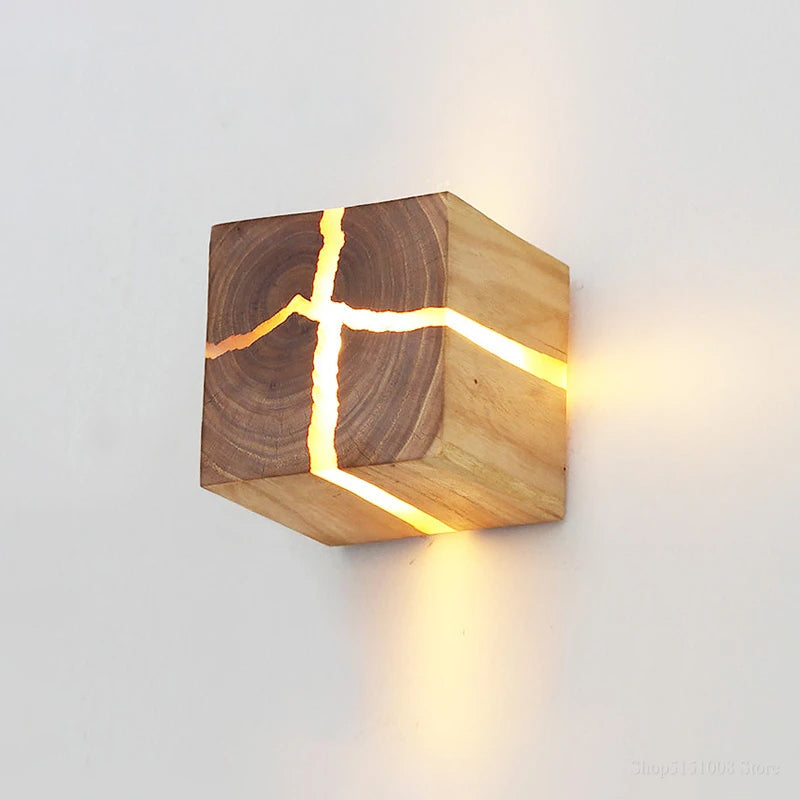 Natural Wooden Square Wall Lamp 1-Light