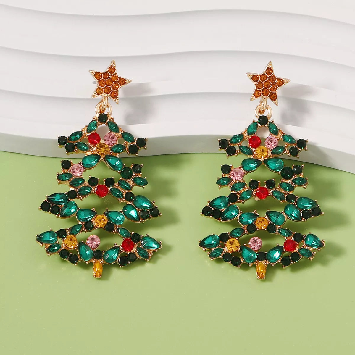 Sparkly Xmas Tree Dangle Earrings with Stones