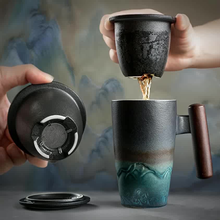 Vintage Style Ceramic Tea Mug with Infuser & Wood Grip