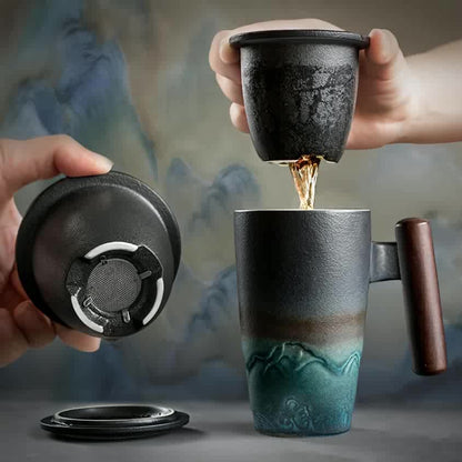Vintage Style Ceramic Tea Mug with Infuser & Wood Grip