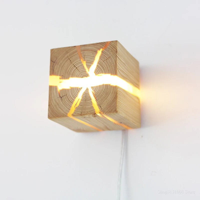 Natural Wooden Square Wall Lamp 1-Light - Fesara