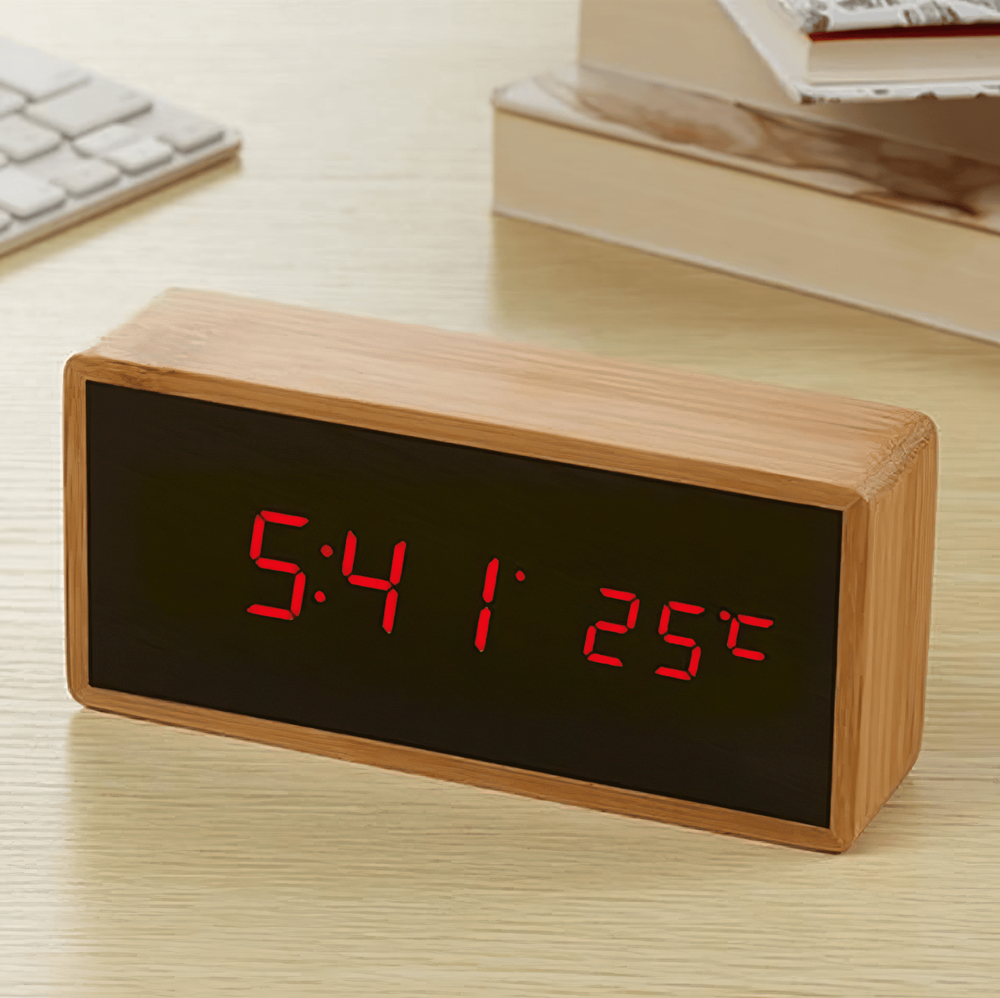 Natural Wood LED Alarm Clock with Temperature Display
