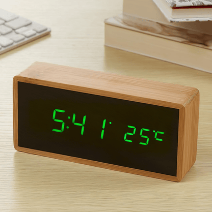 Natural Wood LED Alarm Clock with Temperature Display