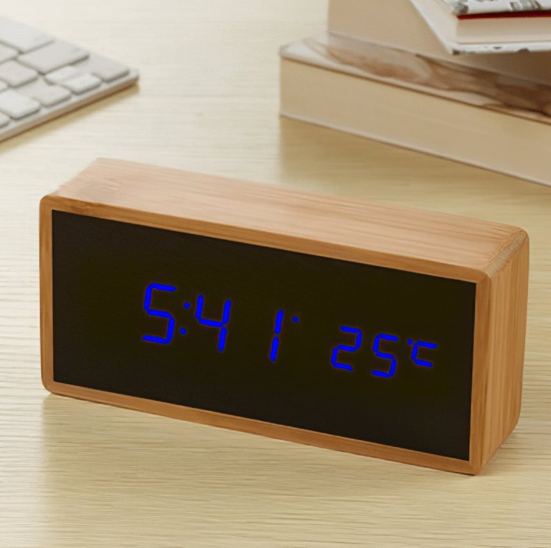 Natural Wood LED Alarm Clock with Temperature Display