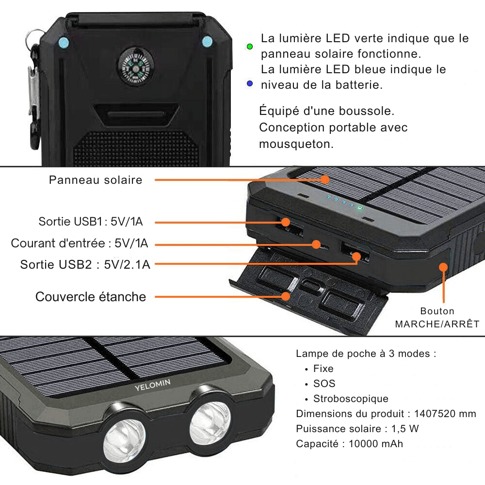 Durable Waterproof 10,000mAh Solar Power Bank