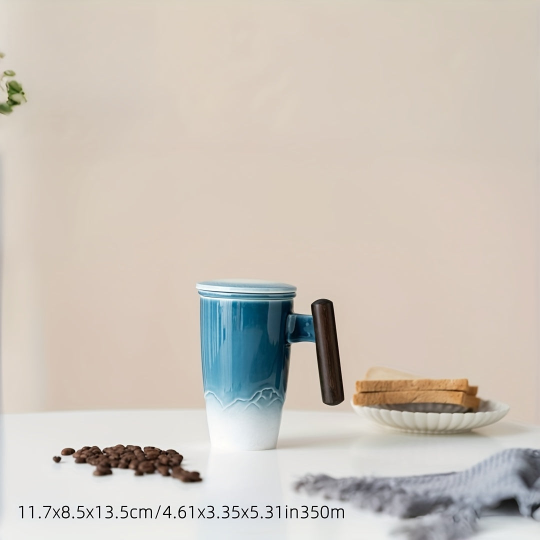 Vintage Style Ceramic Tea Mug with Infuser & Wood Grip