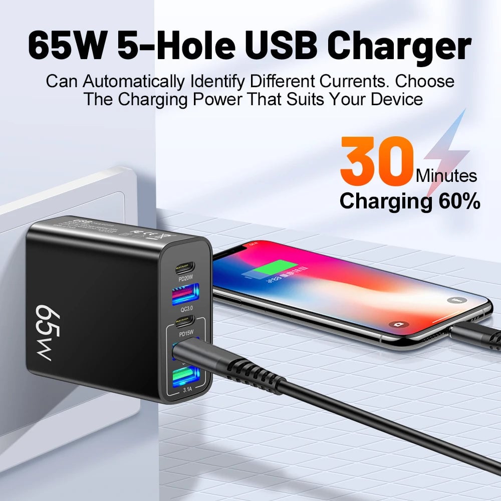Fast 65W USB Charger Adapter - US Plug