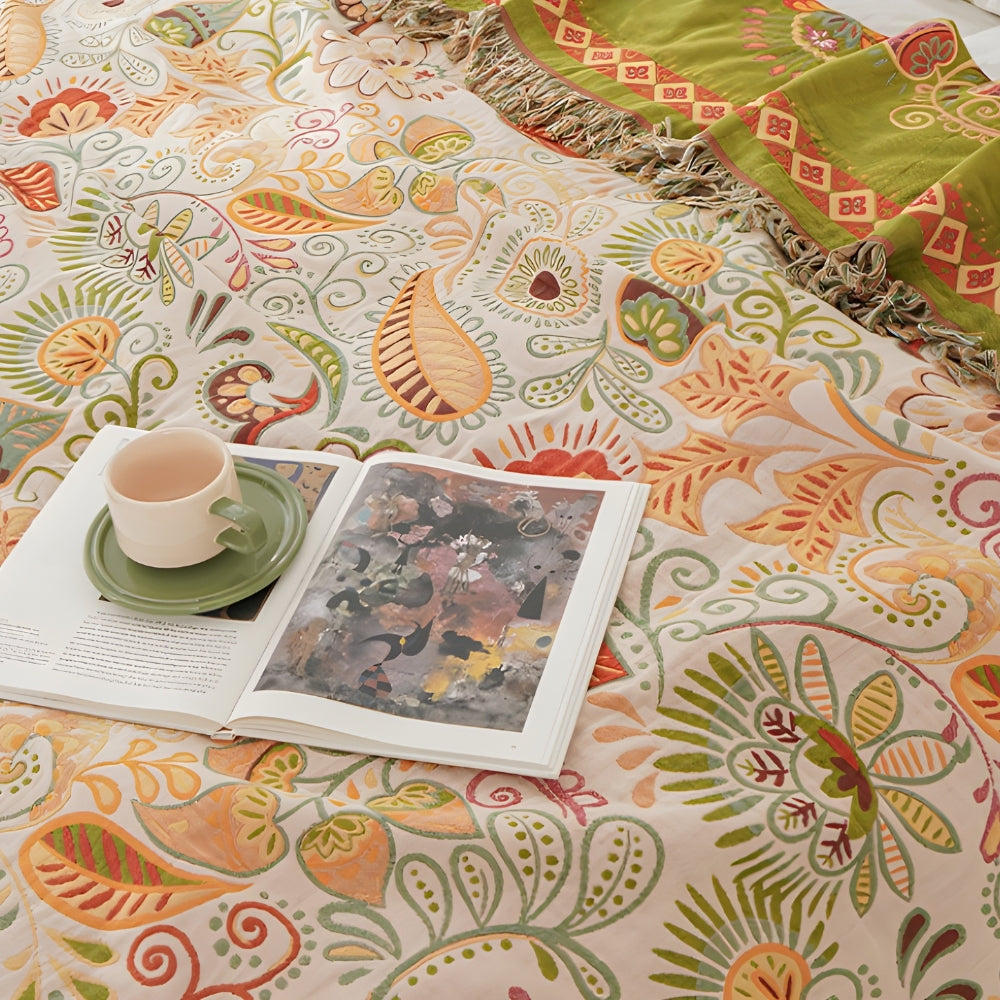 Colorful Reversible Sofa Bed Throw Autumn Leaf Pattern