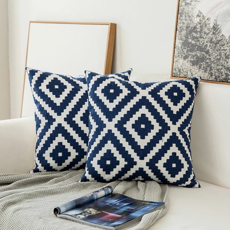 Navy Floral Accent Throw Pillow with Embroidery Design