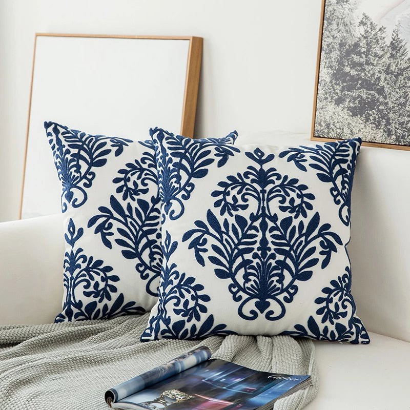 Navy Floral Accent Throw Pillow with Embroidery Design