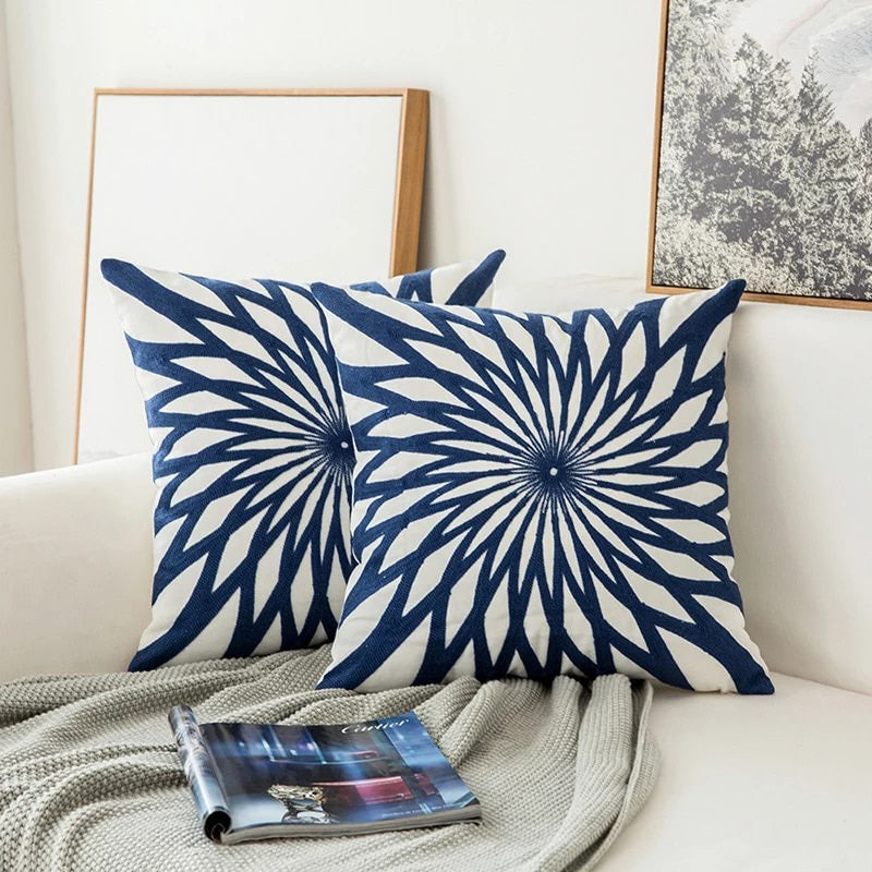 Navy Floral Accent Throw Pillow with Embroidery Design - Fesara
