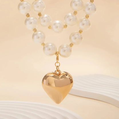 Elegant Double Layered Pearl Heart Necklace