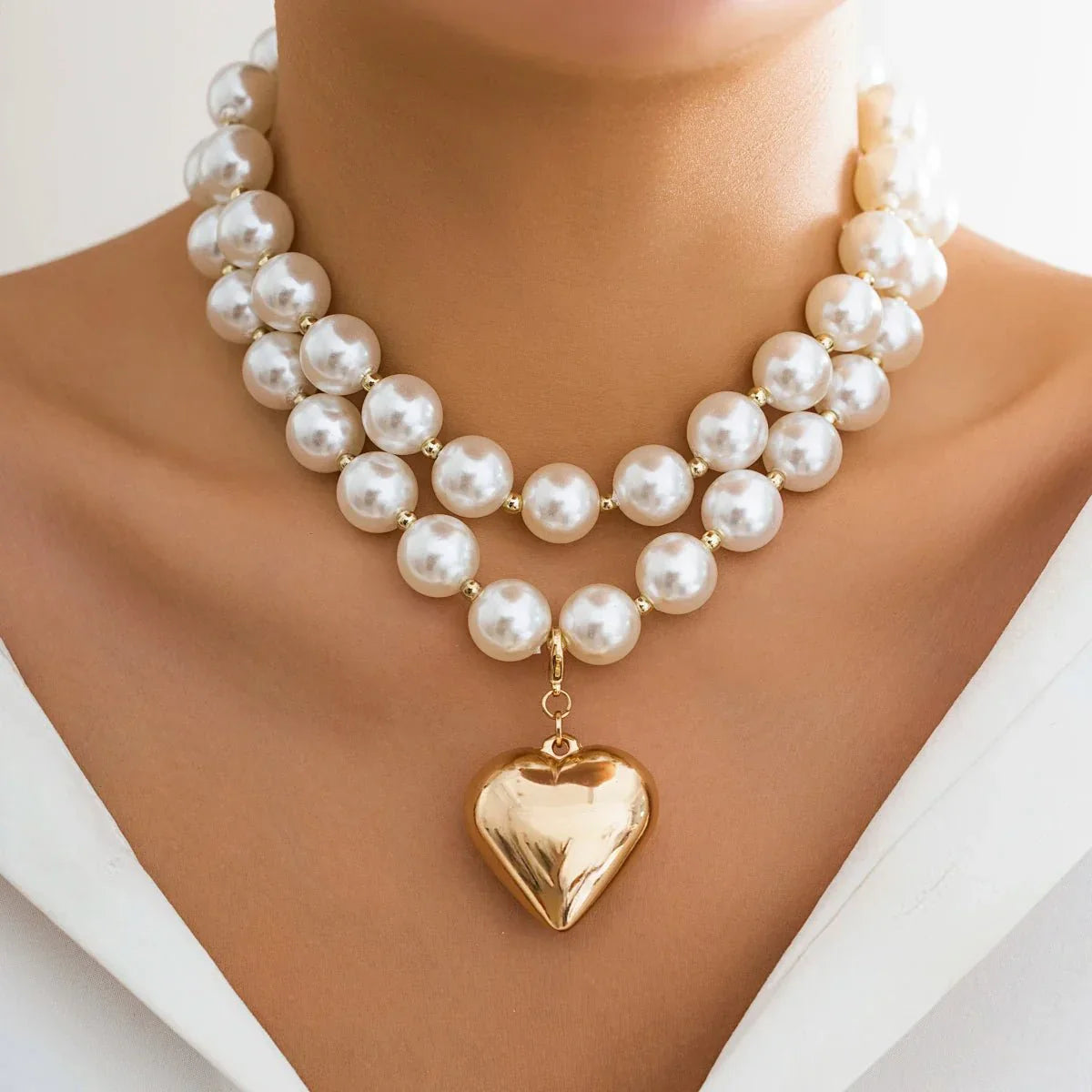 Elegant Double Layered Pearl Heart Necklace - Fesara