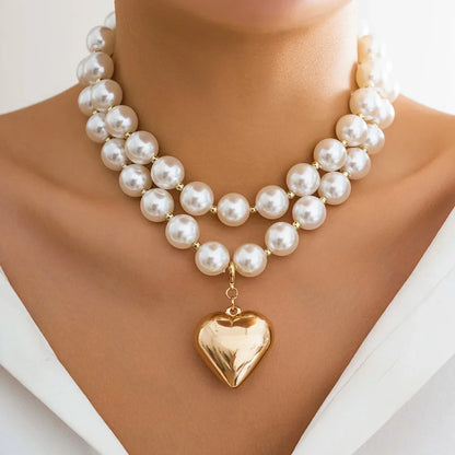 Elegant Double Layered Pearl Heart Necklace - Fesara