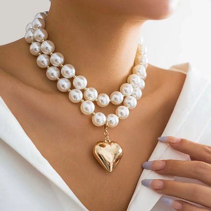 Elegant Double Layered Pearl Heart Necklace