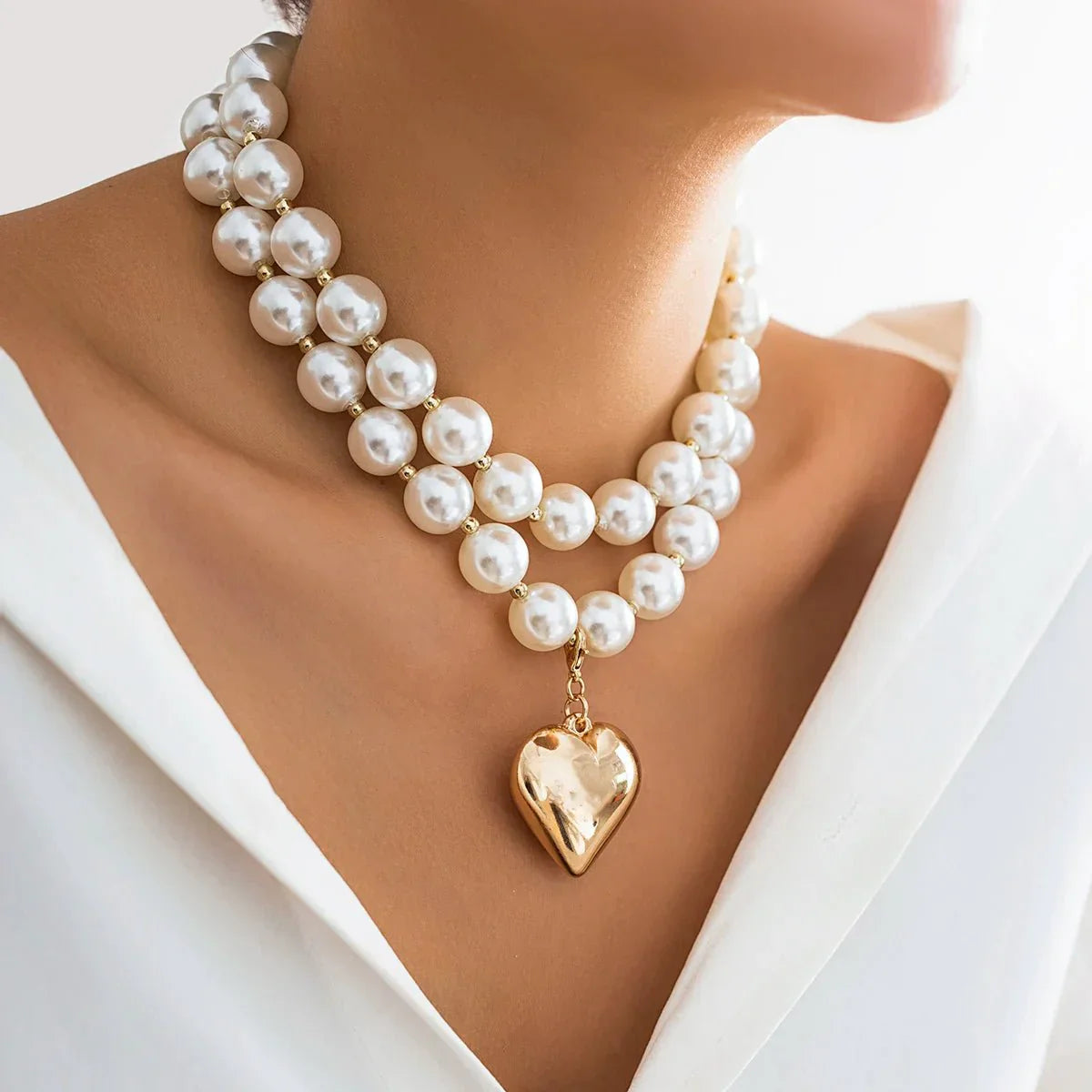 Elegant Double Layered Pearl Heart Necklace