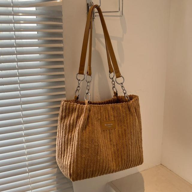 Large Corduroy Shopping Bag for Women with Inside Pockets
