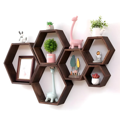 Rustic Wooden Wall Shelves 5-Piece Hexagon Set