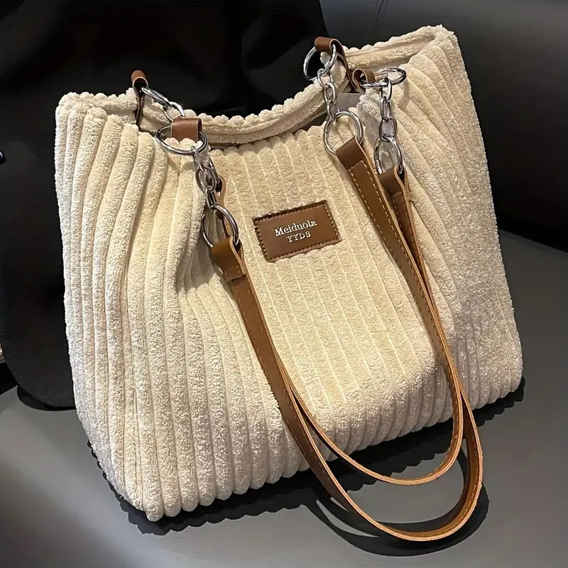 Large Corduroy Shopping Bag for Women with Inside Pockets