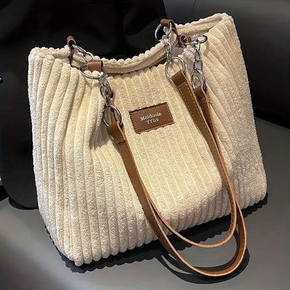 Large Corduroy Shopping Bag for Women with Inside Pockets