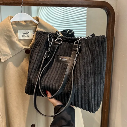 Large Corduroy Shopping Bag for Women with Inside Pockets